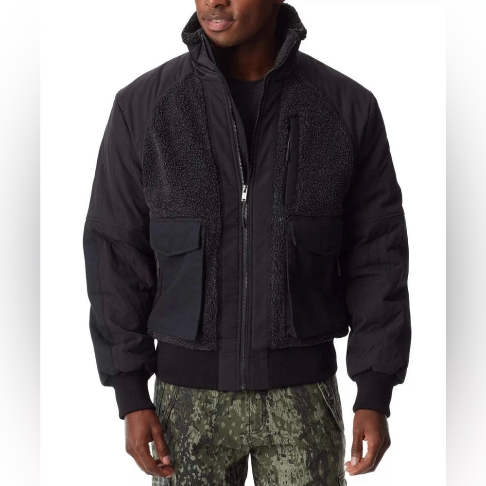 NWT Bass Outdoors Men's Mixed Media Full-Zip Bomber Jacket Black Sherpa M